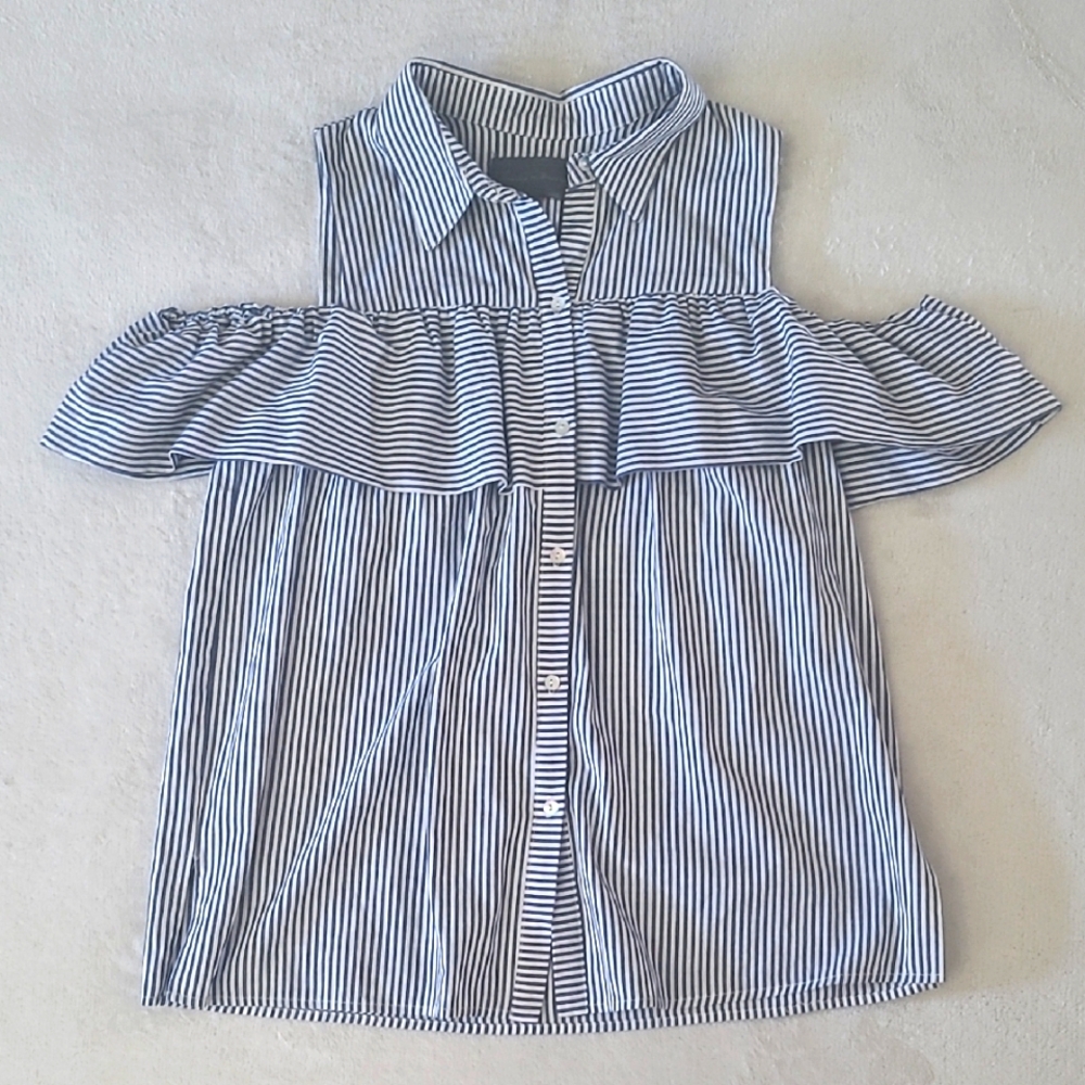 Sundays in Brooklyn Cold Shoulder Blouse M Navy White Stripe Ruffle Button Top
